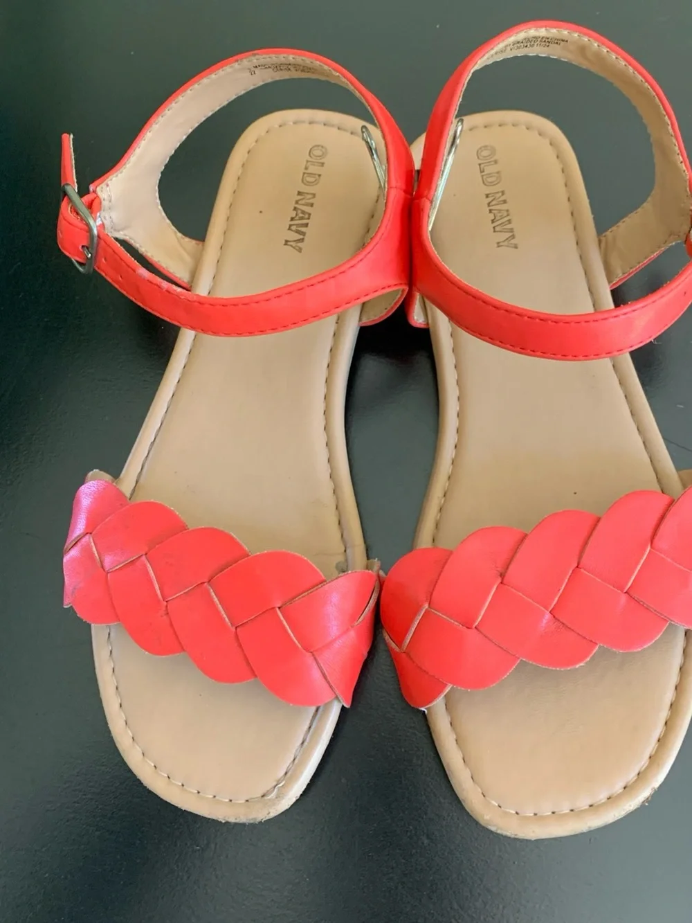Old Navy Girls Sandals Size 3 Red Orange Braided Strap Buckle Flat Vegan Leather